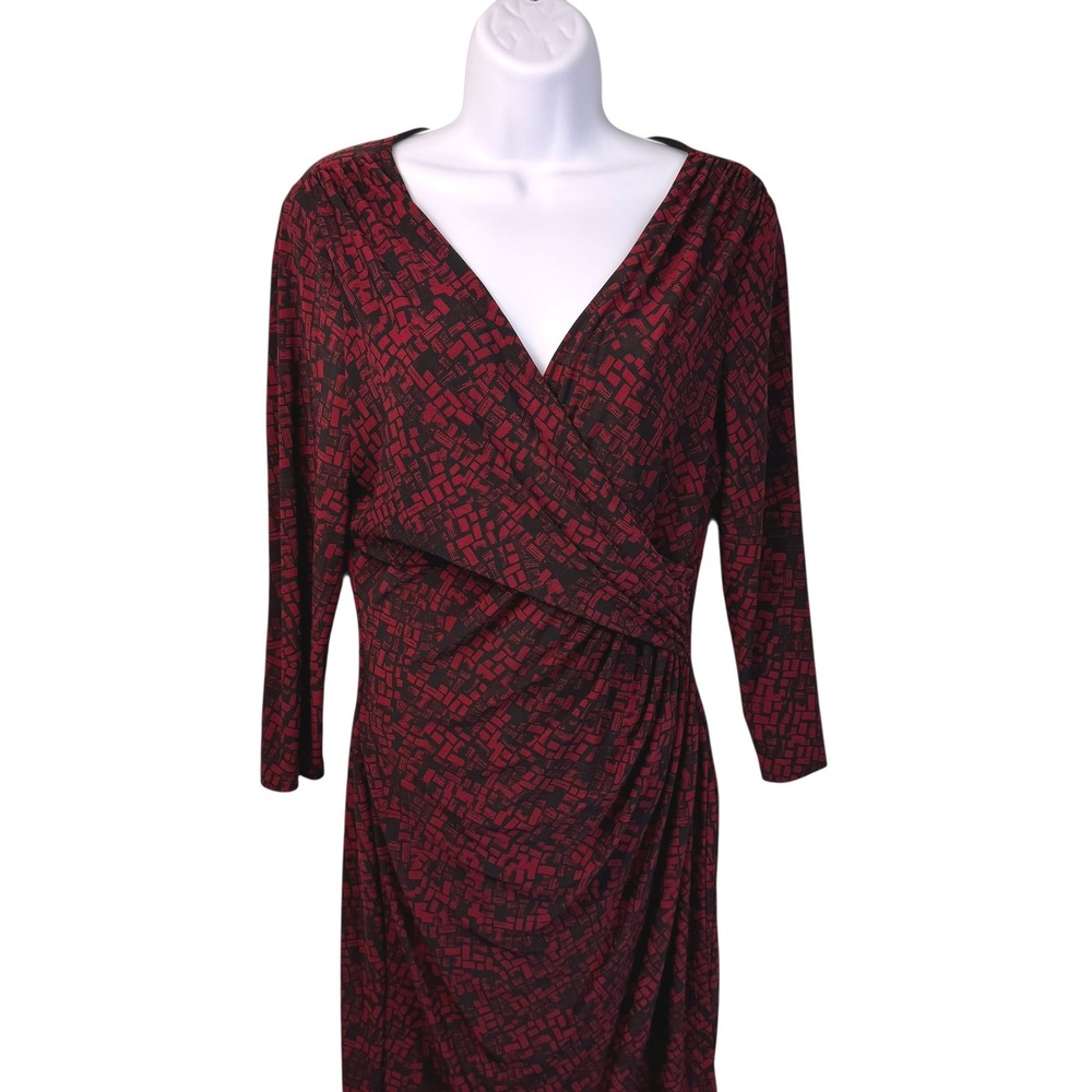 Ralph Lauren Dress 10 Red Black Geometric Print‎ 3/4 Sleeve Faux Wrap Career - Picture 3 of 16